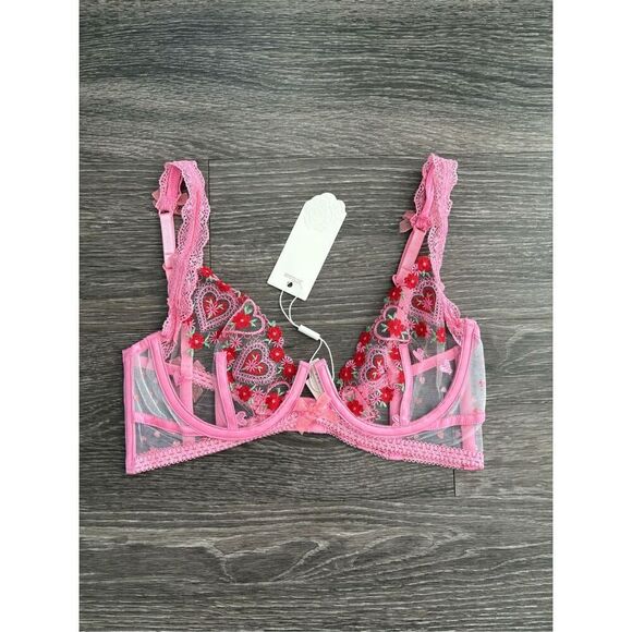 NWT For Love & Lemons Doiley Heart Bra In Pink Size 32C - Picture 2 of 5